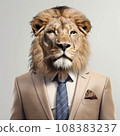 The king of the jungle, dressed in a formal suit and tie, exudes power, elegance, and sophistication. This lion means business AI Generative. 108383237