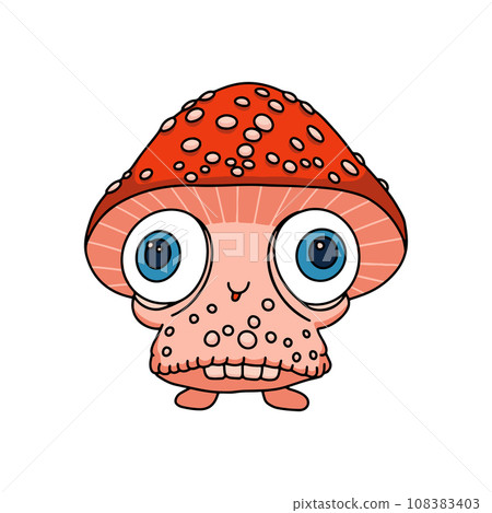 Retro groovy trippy mushroom character. Hippie psychedelic fly agaric. Hippy funky fungus. Vintage cartoon hallucinogenic nostalgic amanita. Trendy y2k pop culture. Vector contour illustration. Retro groovy trippy mushroom character. Hippie psychedelic fly agaric. Hippy funky fungus. Vintage cartoon hallucinogenic nostalgic amanita. Trendy y2k pop culture. Vector contour illustration. 108383403