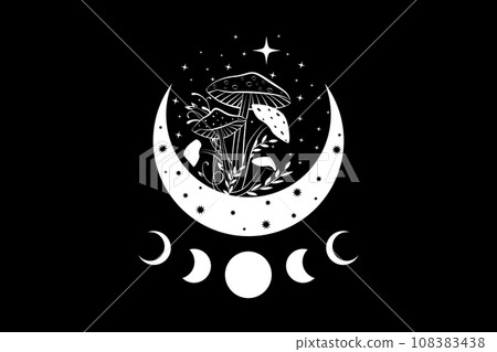 Shamanic magic mushrooms, Mystical Amanita Muscaria with moon phases and stars. Witchcraft crescent moon symbol, witchy esoteric fungus logo tattoo. Celestial wiccan clipart isolated, black background Shamanic magic mushrooms, Mystical Amanita Muscaria with moon phases and stars. Witchcraft crescent moon symbol, witchy esoteric fungus logo tattoo. Celestial wiccan clipart isolated, black background 108383438