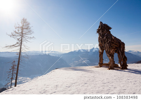 Wooden sculpture of a wolf. Italian landmark Wooden sculpture of a wolf. Italian landmark 108383498