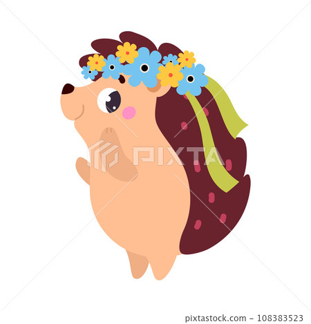 Cute Hedgehog Character Wear Floral Wreath on Head Vector Illustration 108383523