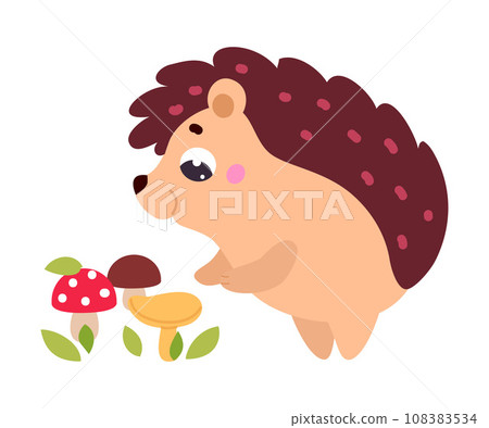 Cute Hedgehog Character Picking Ripe Mushroom Vector Illustration 108383534