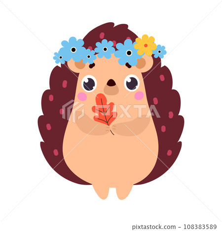 Cute Hedgehog Character Wear Floral Wreath on Head Vector Illustration Cute Hedgehog Character Wear Floral Wreath on Head Vector Illustration 108383589