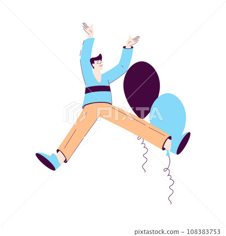 Happy Man Character Rejoicing and Cheering Jump with Balloon Vector Illustration Happy Man Character Rejoicing and Cheering Jump with Balloon Vector Illustration 108383753