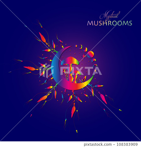 Shamanic magic mushrooms, Mystical Amanita Muscaria with moon phases and stars. Witchcraft Psychedelic Dreamcatcher symbol, witchy esoteric fungus. Celestial colorful clipart isolated blue background Shamanic magic mushrooms, Mystical Amanita Muscaria with moon phases and stars. Witchcraft Psychedelic Dreamcatcher symbol, witchy esoteric fungus. Celestial colorful clipart isolated blue background 108383909