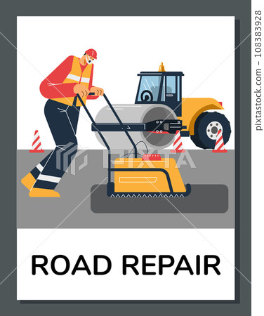 Heavy equipment road roller for road construction and paving vector poster, worker repair the asphalt road surface 108383928