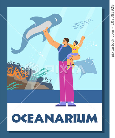 Dad and son watching fish in oceanarium. Dad and son watching fish in oceanarium. 108383929