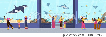 People looking at sea flora and fauna in big tank in oceanarium. People looking at sea flora and fauna in big tank in oceanarium. 108383930