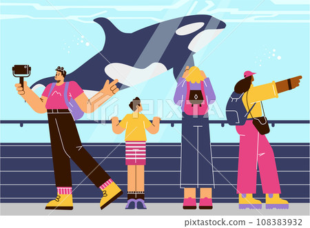 People in oceanarium watching dolphin and making photos. 108383932