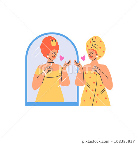 Woman admires herself in the mirror and feels like queen, flat vector isolated. Woman admires herself in the mirror and feels like queen, flat vector isolated. 108383937