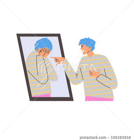 Man expresses dissatisfaction with reflection in the mirror, vector isolated. 108383938