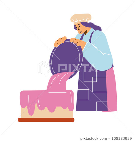 Confectioner woman making a cake, cartoon vector illustration on white Confectioner woman making a cake, cartoon vector illustration on white 108383939