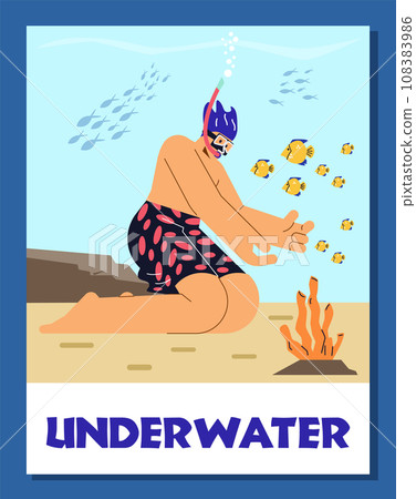 Man in diving mask swimming in sea, observing coral reef, snorkeler admiring marine fauna, underwater vector poster Man in diving mask swimming in sea, observing coral reef, snorkeler admiring marine fauna, underwater vector poster 108383986