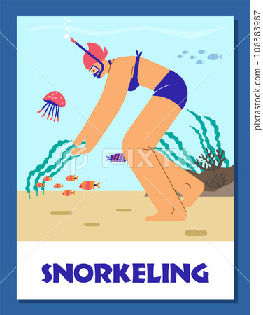 Poster or vertical banner with snorkeling girl flat style, vector illustration 108383987