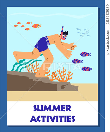 Summer activities banner with snorkeling man, flat vector illustration. Summer activities banner with snorkeling man, flat vector illustration. 108383989