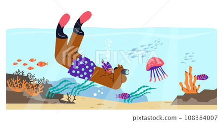 Scuba snorkeling activity, vector man in diving mask swimming in sea with camera observing coral reef, marine fauna Scuba snorkeling activity, vector man in diving mask swimming in sea with camera observing coral reef, marine fauna 108384007