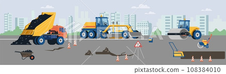 Road constructing asphalt cover surface highway on city silhouette using machinery, repair road vector illustration 108384010