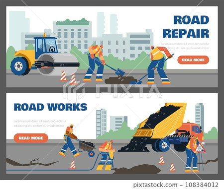 Road construction workers paving asphalt, sidewalks using machinery, Road repair flat vector landing page set 108384012