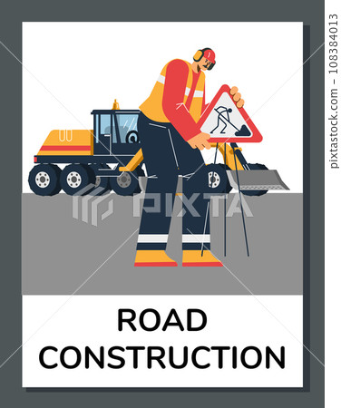 Road construction works and services advertising banner vector illustration. Road construction works and services advertising banner vector illustration. 108384013