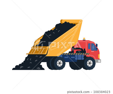 Construction truck unloads asphalt, construction machinery for road repair, vector heavy equipment illustration Construction truck unloads asphalt, construction machinery for road repair, vector heavy equipment illustration 108384023