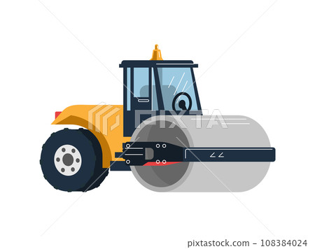 Yellow compactor, vibratory road roller and asphalt paver, vector heavy equipment for road construction and repair 108384024