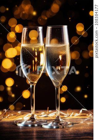 Glasses of champagne on a festive background, party or holiday concept. New Year or Christmas sparkling background. Gold and black colors. 108384177