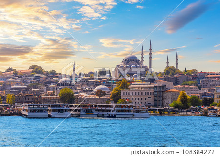 Ships in the Bosphorus by beautiful Suleymaniye Mosque of Istanbul, Turkey Ships in the Bosphorus by beautiful Suleymaniye Mosque of Istanbul, Turkey 108384272