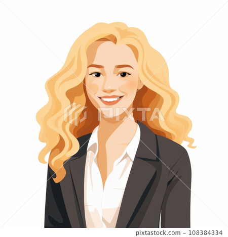 Smiling Teen White Woman with Blond Straight Hair Flat Illustration. Portrait of Business Character on white background. Business Person in Casual Clothes. Ai Generated Square Cartoon Illustration. 108384334