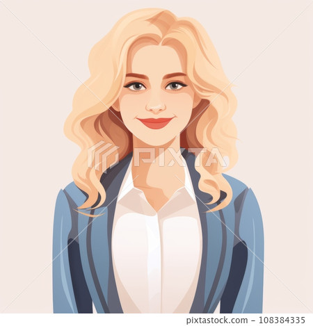 Smiling Teen White Woman with Blond Straight Hair Flat Illustration. Portrait of Business Character on white background. Business Person in Casual Clothes. Ai Generated Square Cartoon Illustration. 108384335