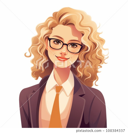 Smiling Teen White Woman with Blond Curly Hair Flat Illustration. Portrait of Business Character on white background. Business Person in Casual Clothes. Ai Generated Square Cartoon Illustration. 108384337