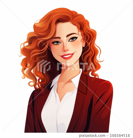 Smiling Teen Indian Woman with Red Curly Hair Flat Illustration. Portrait of Business Character on white background. Business Person in Casual Clothes. Ai Generated Square Cartoon Illustration. 108384518