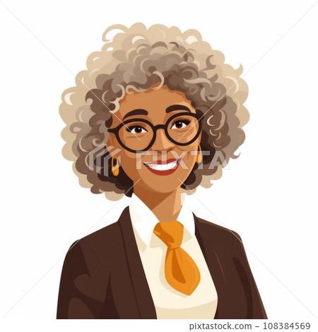 Smiling Old Black Woman with Brown Curly Hair Flat Illustration. Portrait of Business Character on white background. Business Person in Casual Clothes. Ai Generated Square Cartoon Illustration. 108384569