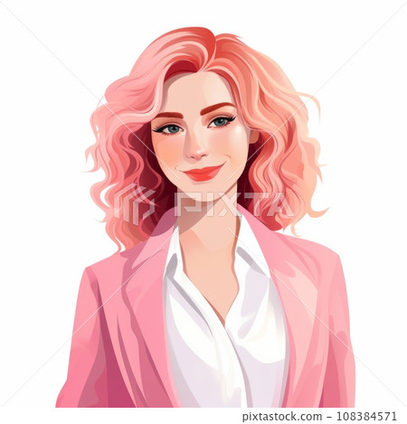 Smiling Adult White Woman with Pink Straight Hair Flat Illustration. Portrait of Business Character on white background. Business Person in Casual Clothes. Ai Generated Square Cartoon Illustration. 108384571