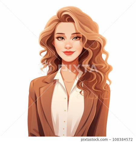 Smiling Adult White Woman with Brown Straight Hair Flat Illustration. Portrait of Business Character on white background. Business Person in Casual Clothes. Ai Generated Square Cartoon Illustration. 108384572