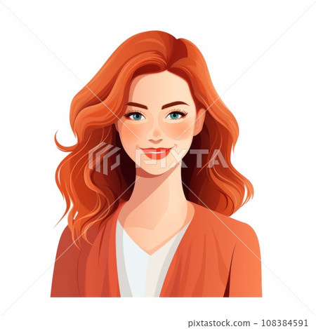 Smiling Adult Persian Woman with Red Straight Hair Flat Illustration. Portrait of Business Character on white background. Business Person in Casual Clothes. Ai Generated Square Cartoon Illustration. 108384591