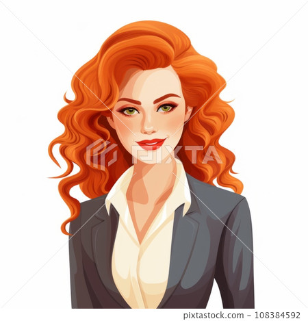 Smiling Adult Persian Woman with Red Curly Hair Flat Illustration. Portrait of Business Character on white background. Business Person in Casual Clothes. Ai Generated Square Cartoon Illustration. 108384592