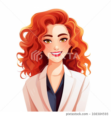 Smiling Adult Persian Woman with Red Curly Hair Flat Illustration. Portrait of Business Character on white background. Business Person in Casual Clothes. Ai Generated Square Cartoon Illustration. 108384593