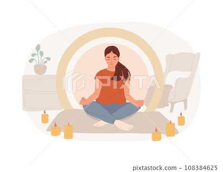 Mindfulness isolated concept vector illustration. Mindful meditating, mental calmness and self-consciousness, focusing and releasing stress, anxiety alternative home treatment vector concept. 108384625