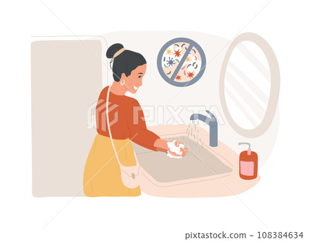 Wash your hands isolated concept vector illustration. Prevent virus spread, coronavirus exposure risk, hand sanitizer, personal hygiene, bacterial contamination, do your part vector concept. Wash your hands isolated concept vector illustration. Prevent virus spread, coronavirus exposure risk, hand sanitizer, personal hygiene, bacterial contamination, do your part vector concept. 108384634
