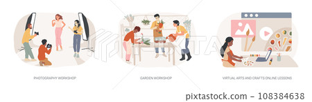 Free educational courses isolated concept vector illustration set. Photography and garden workshop, virtual arts and crafts online lessons, improve skills, creative lab, DIY vector concept. Free educational courses isolated concept vector illustration set. Photography and garden workshop, virtual arts and crafts online lessons, improve skills, creative lab, DIY vector concept. 108384638