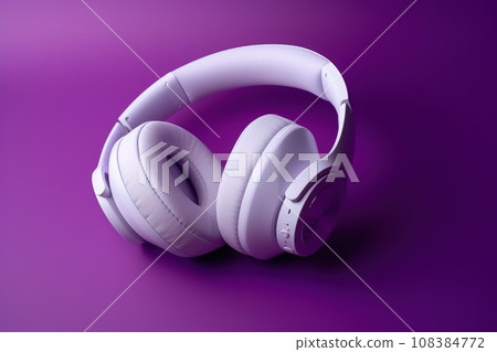 Headphones on a purple background. Creative promotional photo earphones. Headphones on a purple background. Creative promotional photo earphones. 108384772