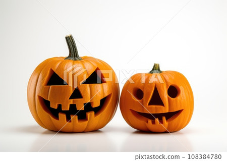 Two funny fngry Halloween pumpkin head jack lantern isolated on white background Two funny fngry Halloween pumpkin head jack lantern isolated on white background 108384780