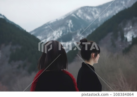 Girls happy on mountain. Neural network AI generated art 108384864