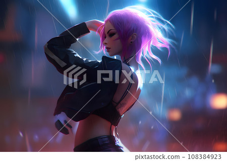 female teenager fashion model pretty young woman looking at night club city light glow, back to 80s. Neural network AI generated art 108384923