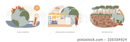 Climate change isolated concept vector illustration set. Global warming, greenhouse gas emissions, deforestation, global heating, air pollution, smog, wildlife degradation vector concept. 108384924