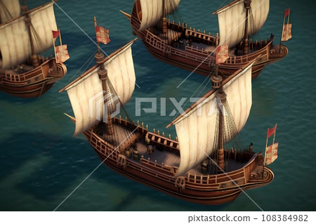 vintage ships at sea. Wooden sailboat sails in a storm at ocean. A mysterious boat in stormy waves. Neural network AI generated art 108384982