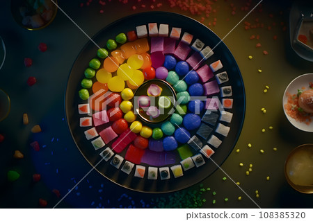close-up view of delicious sushi set on slate boards. Neural network AI generated art 108385320