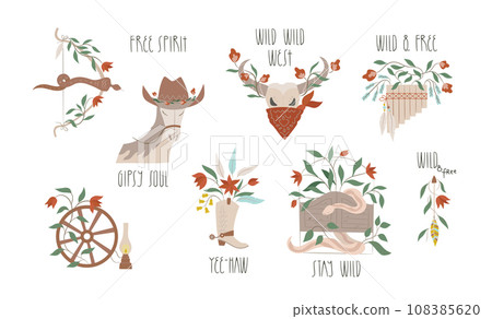Wild west lettering, card, poster, wall art template with horse, scull, arch. Wild west lettering, card, poster, wall art template with horse, scull, arch. 108385620