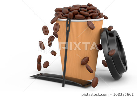Paper coffee cup with cover, sugar, coffee bean and stick for americano espresso Paper coffee cup with cover, sugar, coffee bean and stick for americano espresso 108385661