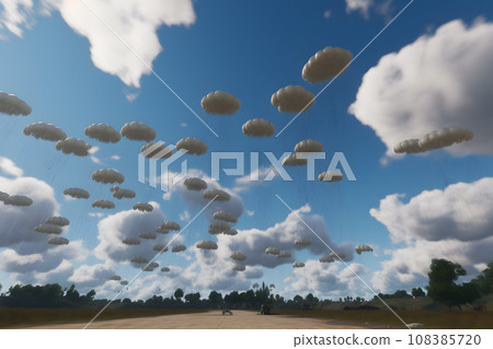 Military parachutist paratroopers jumping out of an air force airplane. Neural network AI generated art Military parachutist paratroopers jumping out of an air force airplane. Neural network AI generated art 108385720